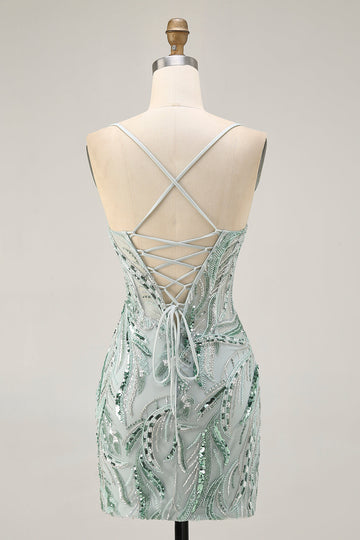 Green Beaded Bodycon Cocktail Dress with Lace Up Back